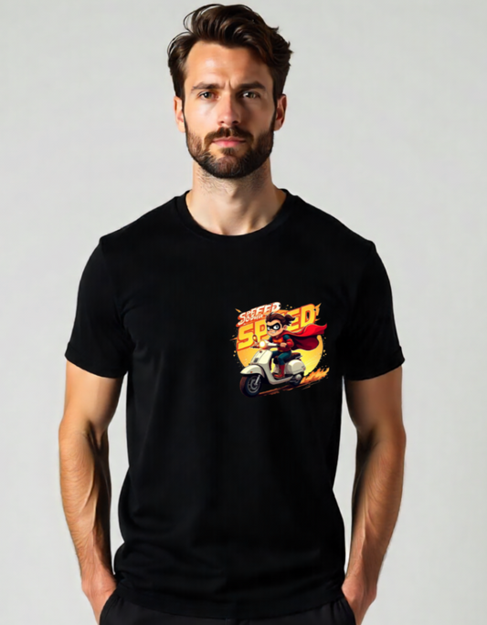 Speed Mode On-Superhero Scooter Cartoon T-Shirt