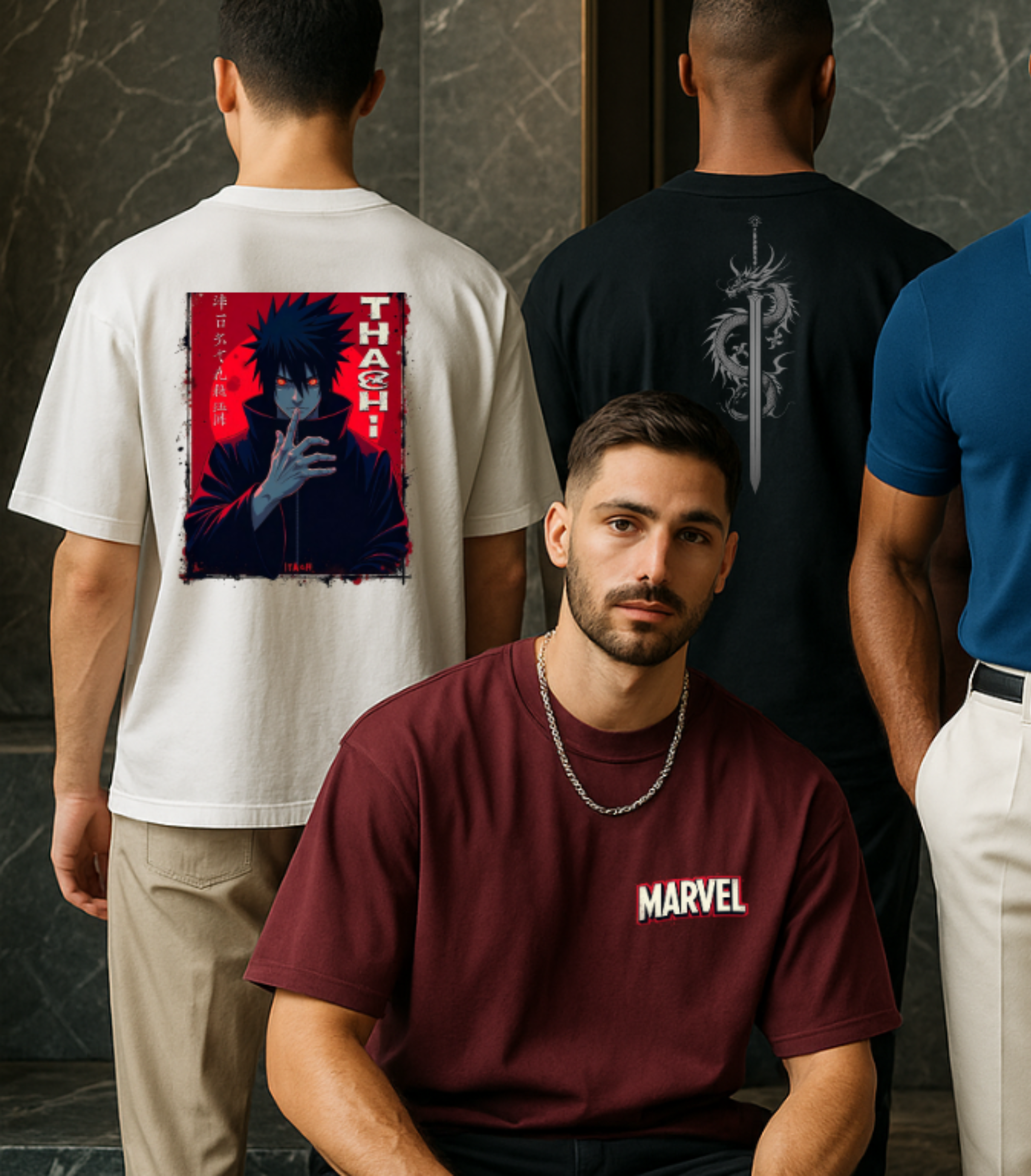 Five men wearing various outfits with visible brand logos against a textured wall.